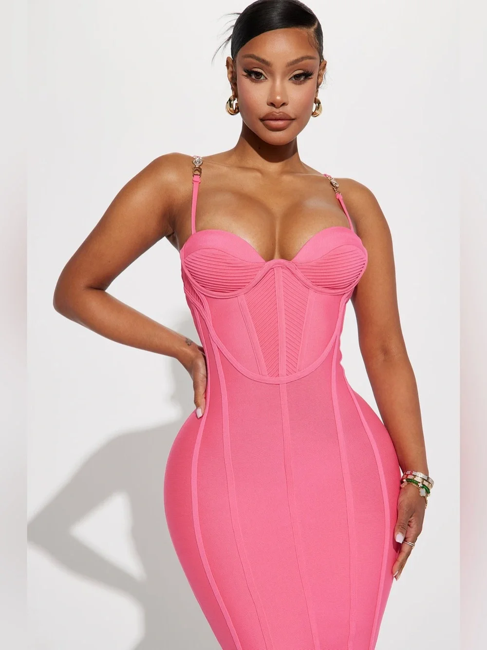 Fashion Nova Victoria Hot Pink Bandage Corset Midi Dress – Size S NWT